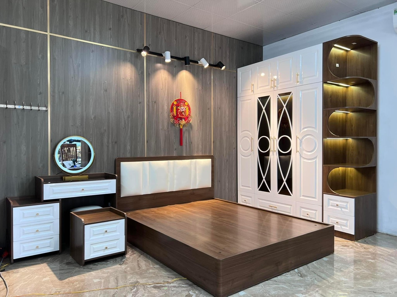 Combo phòng ngủ giường tủ gỗ MDF cao cấp – Tông màu nâu walnut phối trắng sang trọng